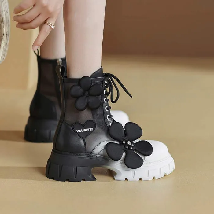 Gradient Color Floral Mesh Platform Boots