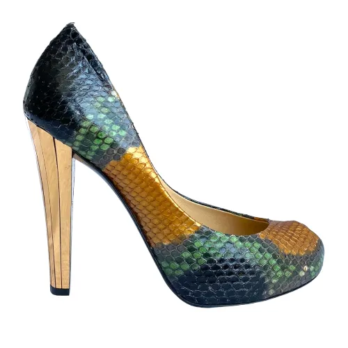 GUCCI Multicolor Python Leather Peep Toe Gold Mirror Effect Heel Pumps, Size 36