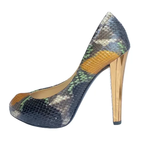 GUCCI Multicolor Python Leather Peep Toe Gold Mirror Effect Heel Pumps, Size 36
