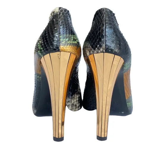 GUCCI Multicolor Python Leather Peep Toe Gold Mirror Effect Heel Pumps, Size 36