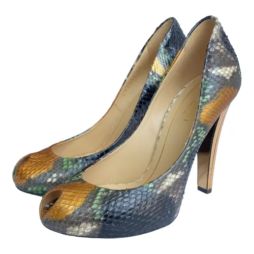GUCCI Multicolor Python Leather Peep Toe Gold Mirror Effect Heel Pumps, Size 36