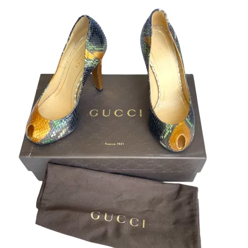 GUCCI Multicolor Python Leather Peep Toe Gold Mirror Effect Heel Pumps, Size 36