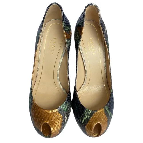 GUCCI Multicolor Python Leather Peep Toe Gold Mirror Effect Heel Pumps, Size 36