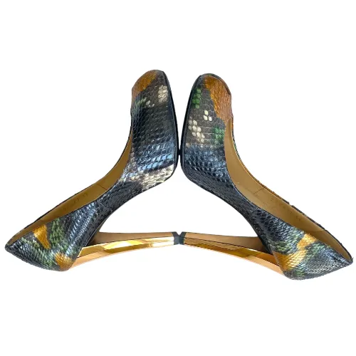 GUCCI Multicolor Python Leather Peep Toe Gold Mirror Effect Heel Pumps, Size 36