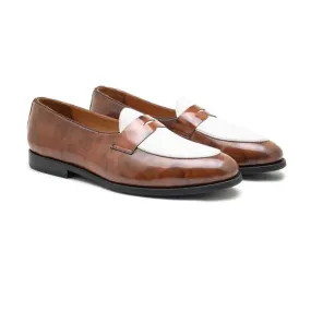 Handmade Custom White & Orange Calf Leather Mens Loafers