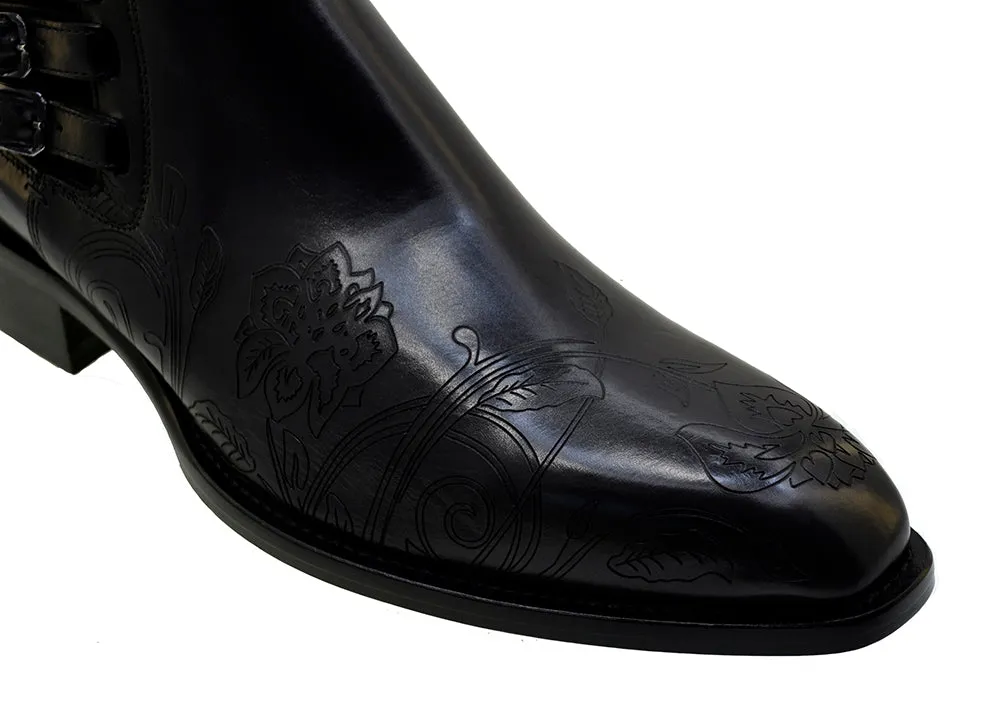 Men's Italian Shoes Jo Ghost 4757N Black Leather Embroidery  Buckle Ankle Boots