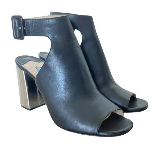 PRADA Black Leather Halter Ankle Strap Silver Chunky Heel Sandals, Size 36.5