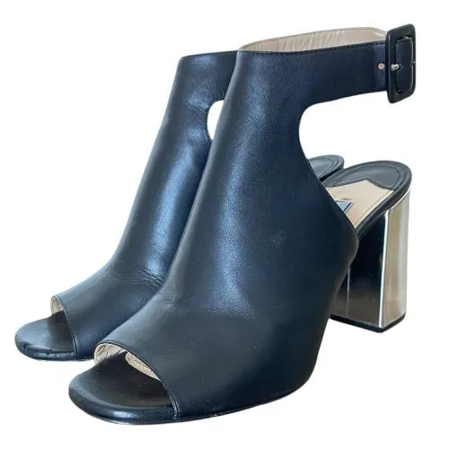PRADA Black Leather Halter Ankle Strap Silver Chunky Heel Sandals, Size 36.5