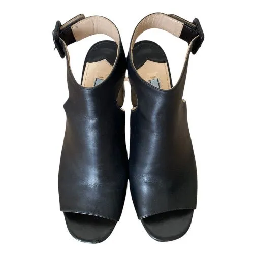 PRADA Black Leather Halter Ankle Strap Silver Chunky Heel Sandals, Size 36.5