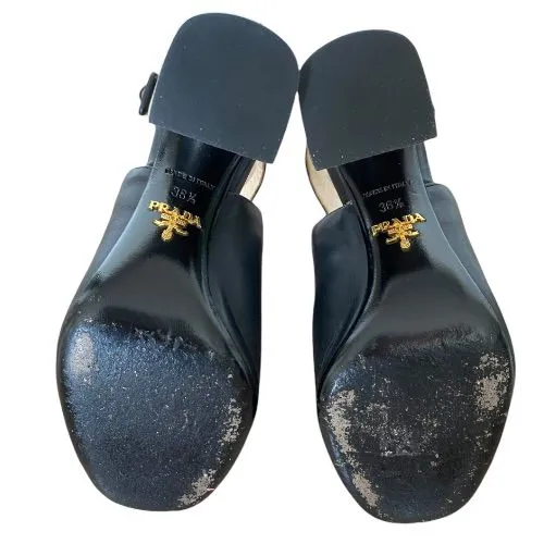 PRADA Black Leather Halter Ankle Strap Silver Chunky Heel Sandals, Size 36.5