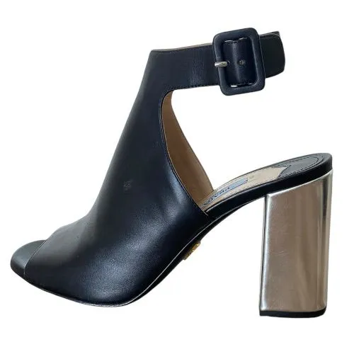 PRADA Black Leather Halter Ankle Strap Silver Chunky Heel Sandals, Size 36.5