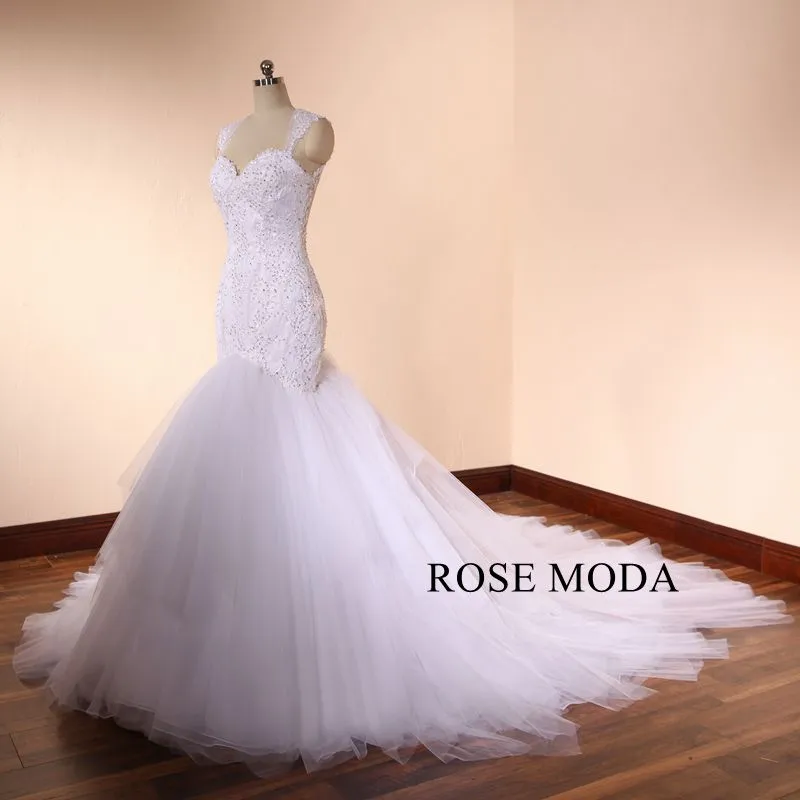 Rosemoda Luxury Cap Sleeve Beaded Lace Mermaid Wedding Dress With Illusion Back