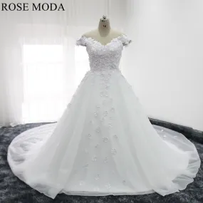 Rosemoda Off Shoulder 3D Lace Flower Ball Gown Wedding Dress