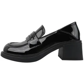 Wenkouban shoes Women's Thick High Heel Retro British Style Leather Shoes 2024 Spring round Toe Black Platform Loafers